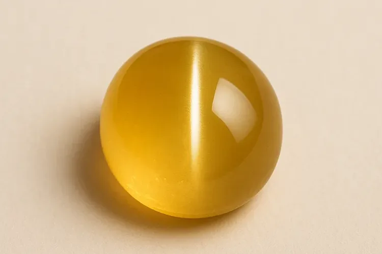 A domed golden honey cabochon with a single sharp band of white light running across it, resting on a warm ivory surface.