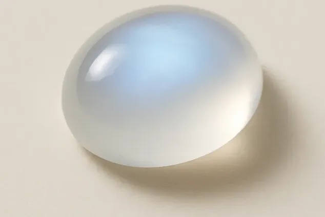 Un cabujón de piedra de luna ovalado casi incoloro, con un suave brillo azul que flota bajo la superficie, sobre una superficie de marfil cálido.
