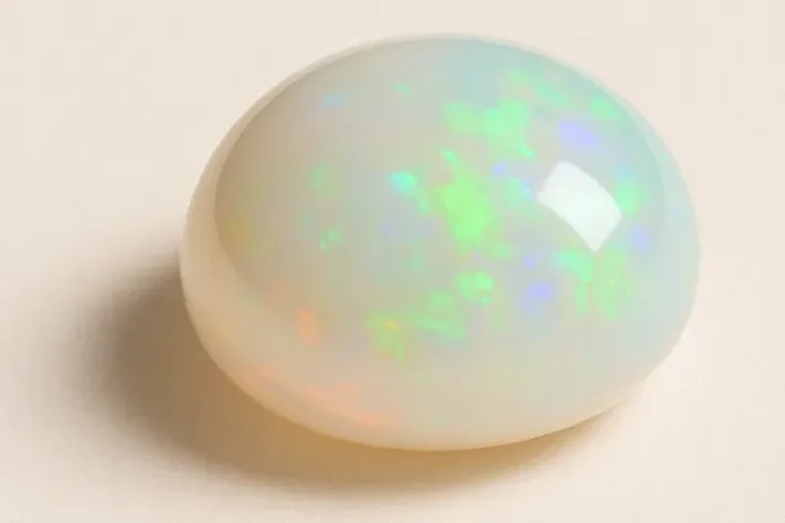 A domed milky white opal cabochon flashing green, blue and a little orange, on a warm ivory surface.
