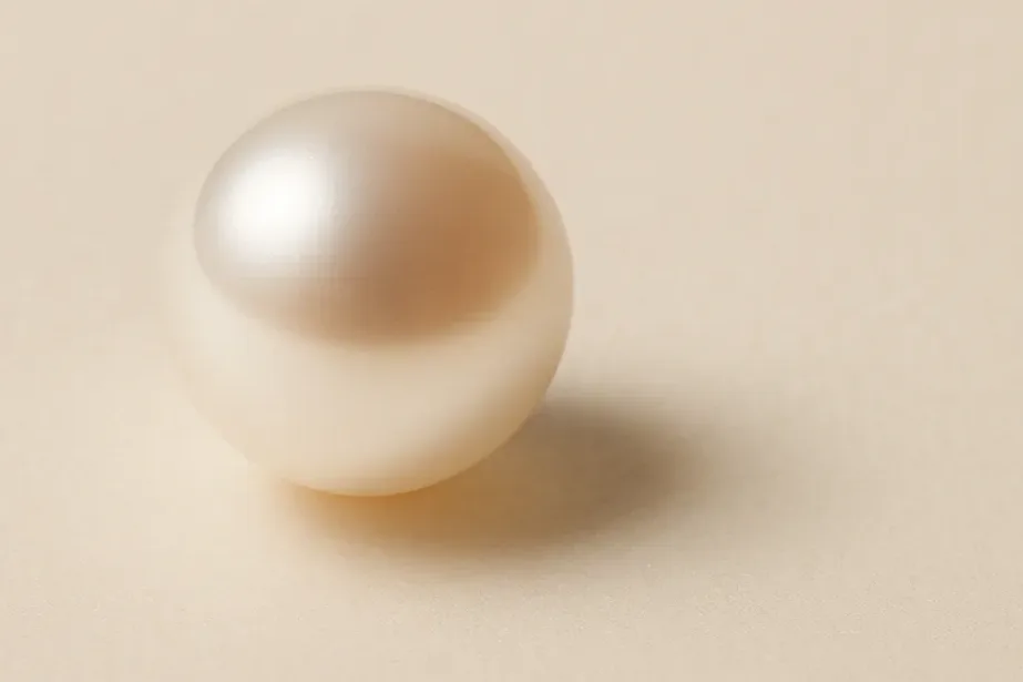 Una perla blanca suelta con matiz rosado, su lustre visible como un brillo de bordes nítidos en la superficie lisa.
