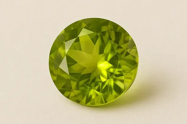 Un peridoto redondo de talla brillante en verde hierba amarillento, visto desde arriba sobre una superficie de marfil cálido.