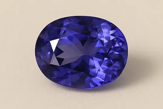 An oval faceted tanzanite in deep violet blue, its facets catching the light, on a warm ivory surface.