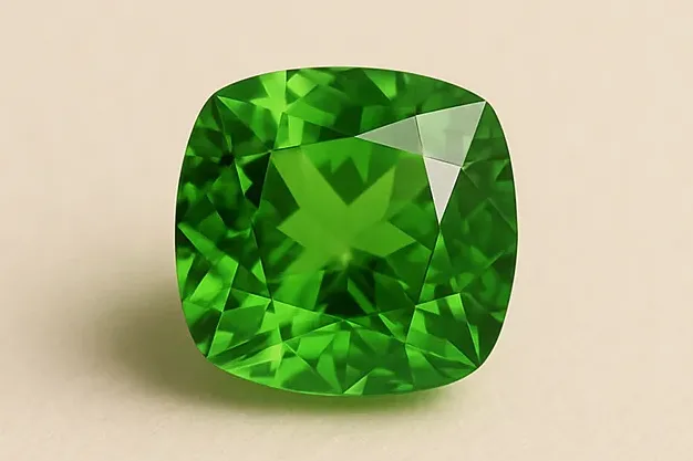 A cushion-cut tsavorite garnet in vivid grass green, seen from above on a warm ivory surface.