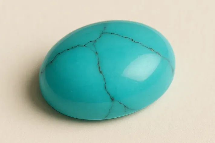 An oval turquoise cabochon in even sky blue, crossed by a fine dark web of matrix, on a warm ivory surface.