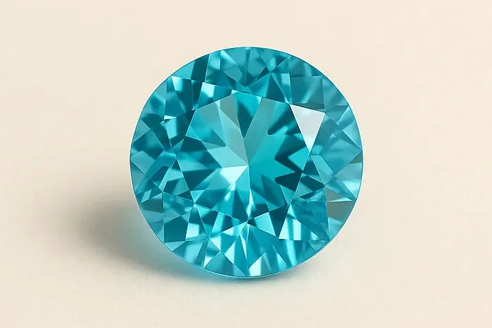 Un circón azul redondo de talla brillante en azul verdoso vivo, con las facetas nítidas y brillantes, sobre una superficie de marfil cálido.