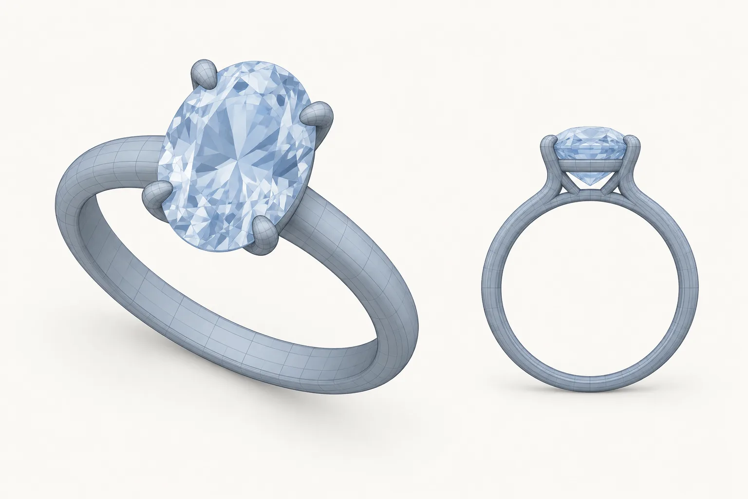 CAD-style views of an oval solitaire ring, showing its band, prongs and side profile.