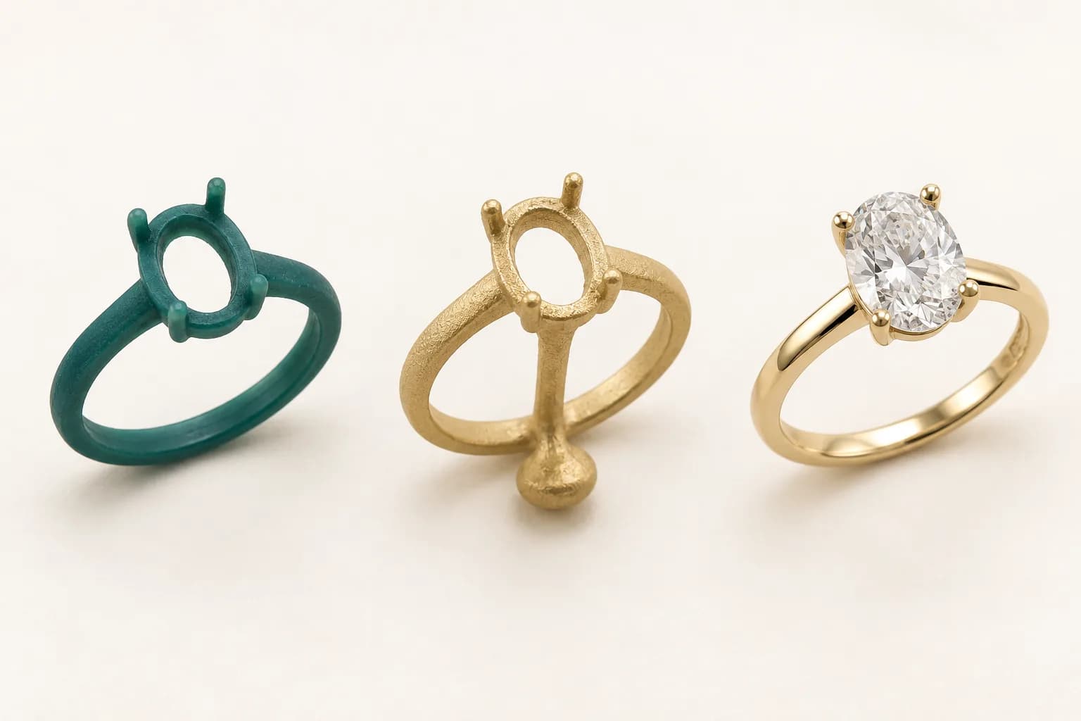 A green ring model, an unfinished gold casting and a polished ring set with an oval diamond.