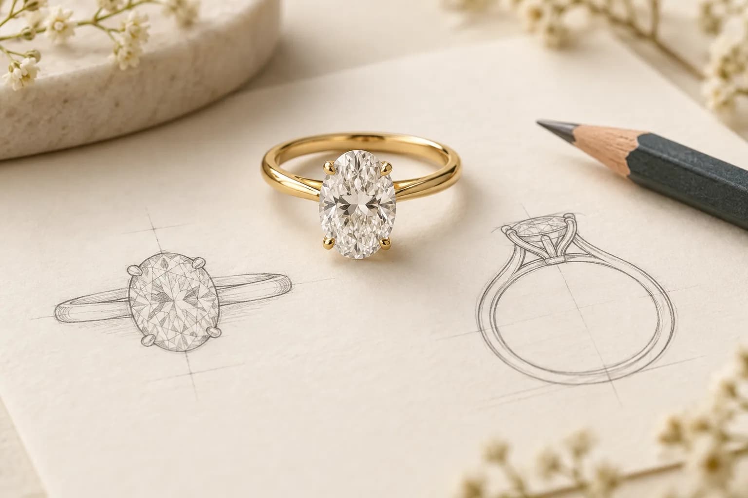 An oval-diamond gold ring resting over pencil sketches of the ring, beside a pencil.