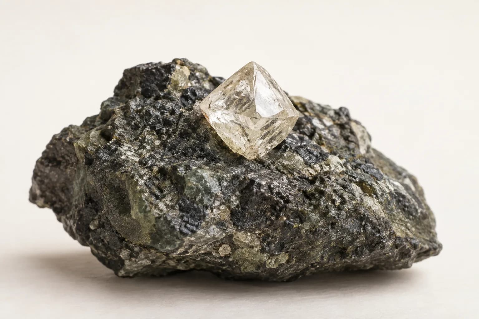 Illustration of a rough diamond crystal resting on a dark mineral rock.
