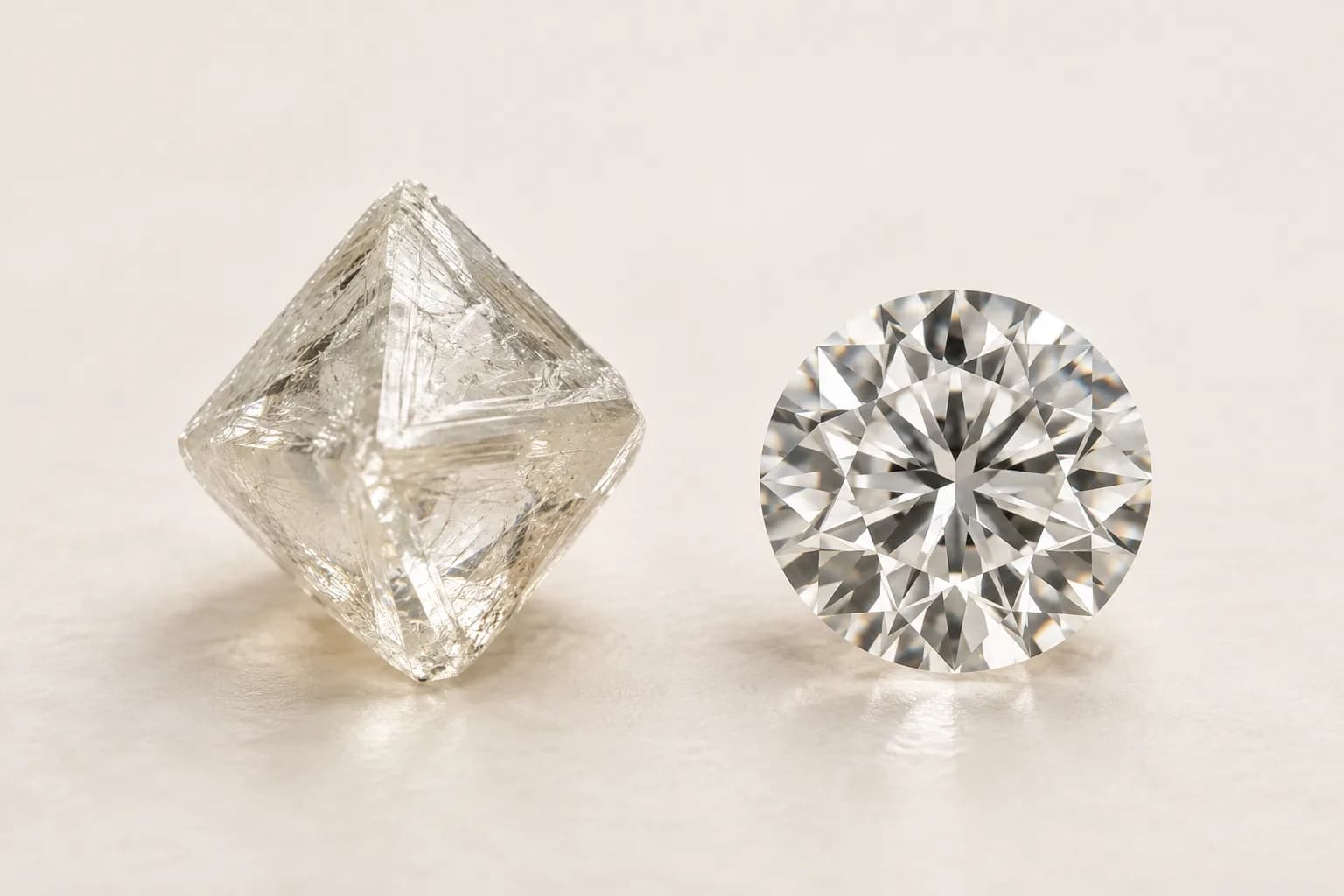 Illustration comparing a rough diamond crystal with a polished round brilliant diamond.
