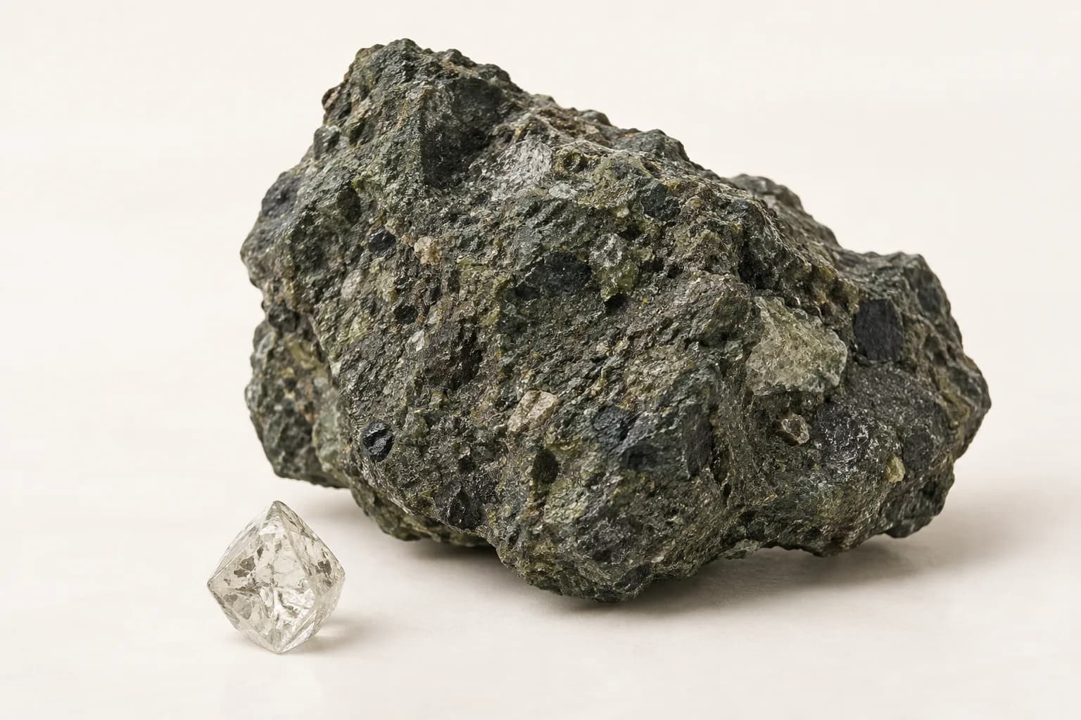 Illustration of a rough diamond beside a textured dark rock specimen.