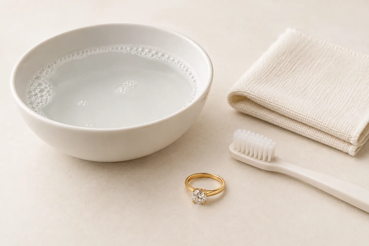 Um anel de diamante junto de uma tigela com água e pouco sabão, uma escova macia e um pano sem pelos.