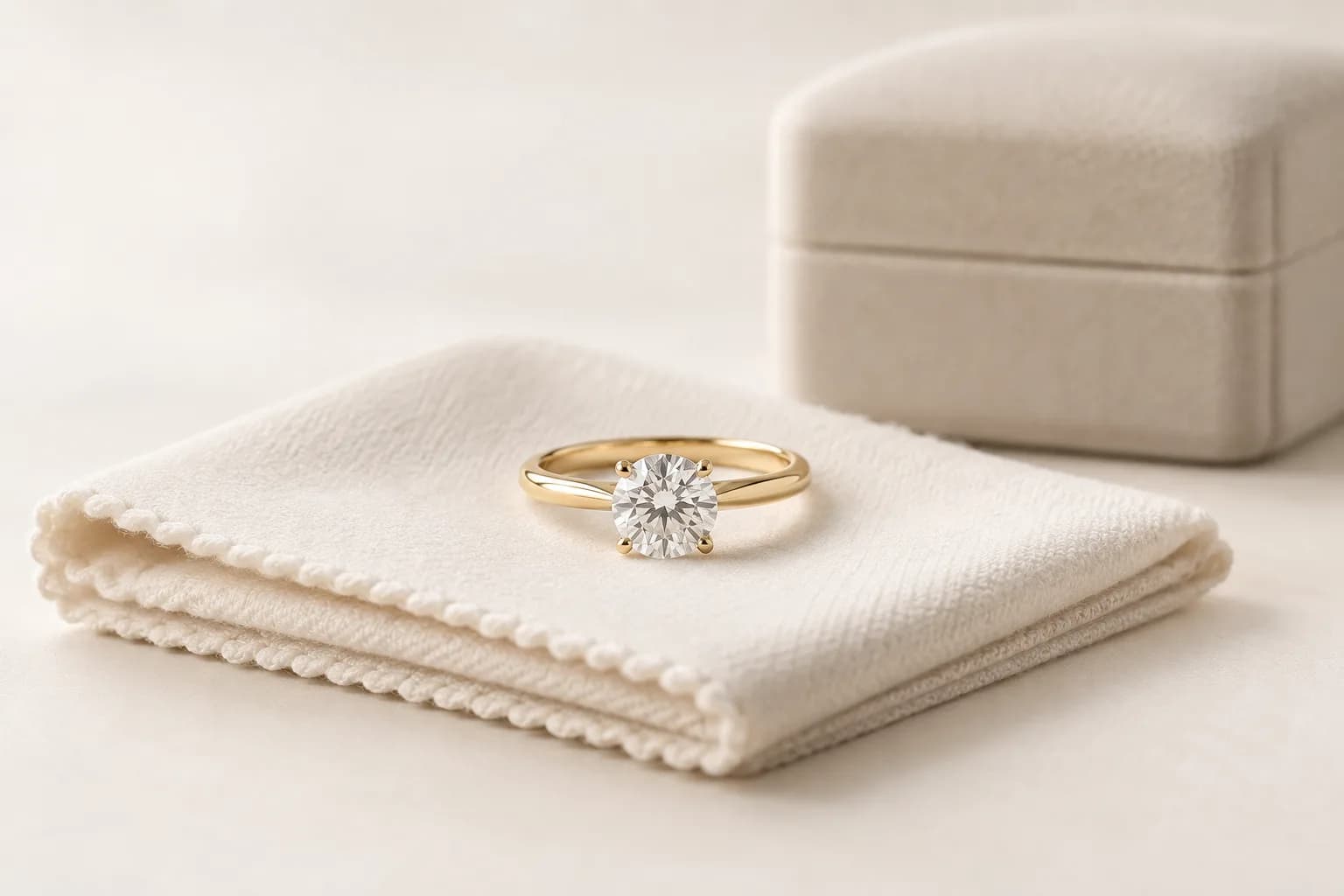 Um solitário de diamante em ouro amarelo sobre um pano cor de marfim dobrado, com um estojo atrás.