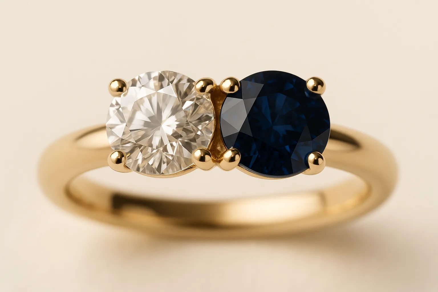 A colourless round diamond and a deep blue round sapphire of the same size, set side by side and touching in yellow gold.